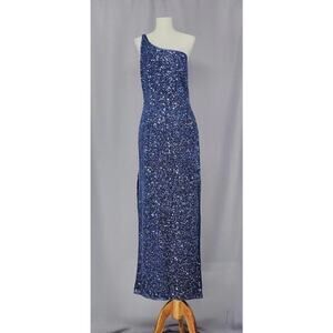 Interlude California Gown Large Blue Silk Sequin Beaded One Shoulder Timeless